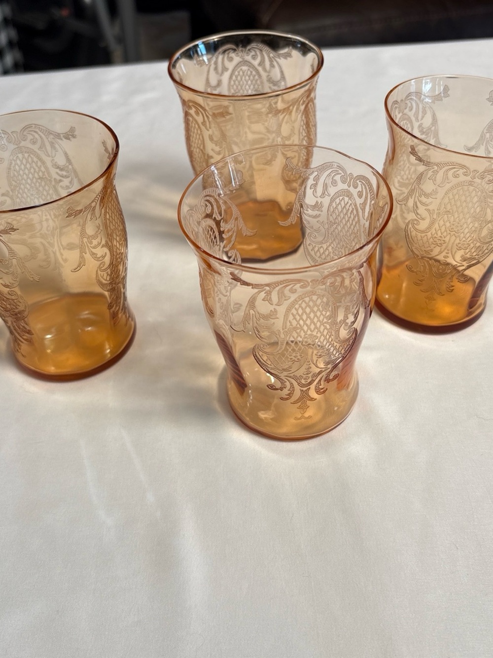 Ornate Amber Etched Glass Tumblers - Set of 4